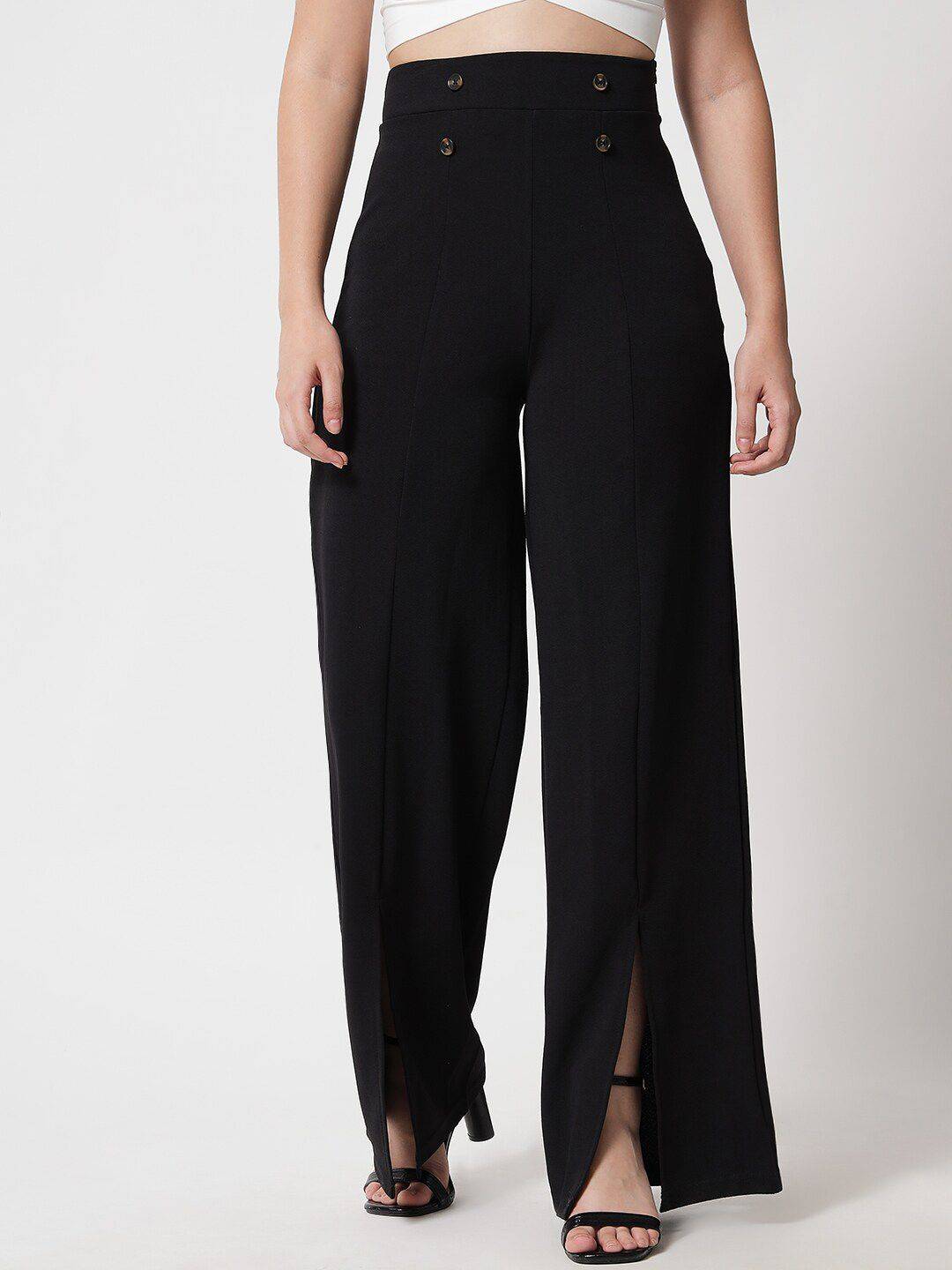 Kotty Women Black Relaxed Straight Fit High-Rise Easy Wash Trousers