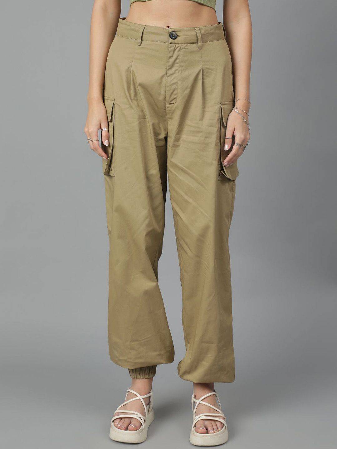 Kotty Women High-Rise Easy Wash Pleated Cotton Cargos Trousers