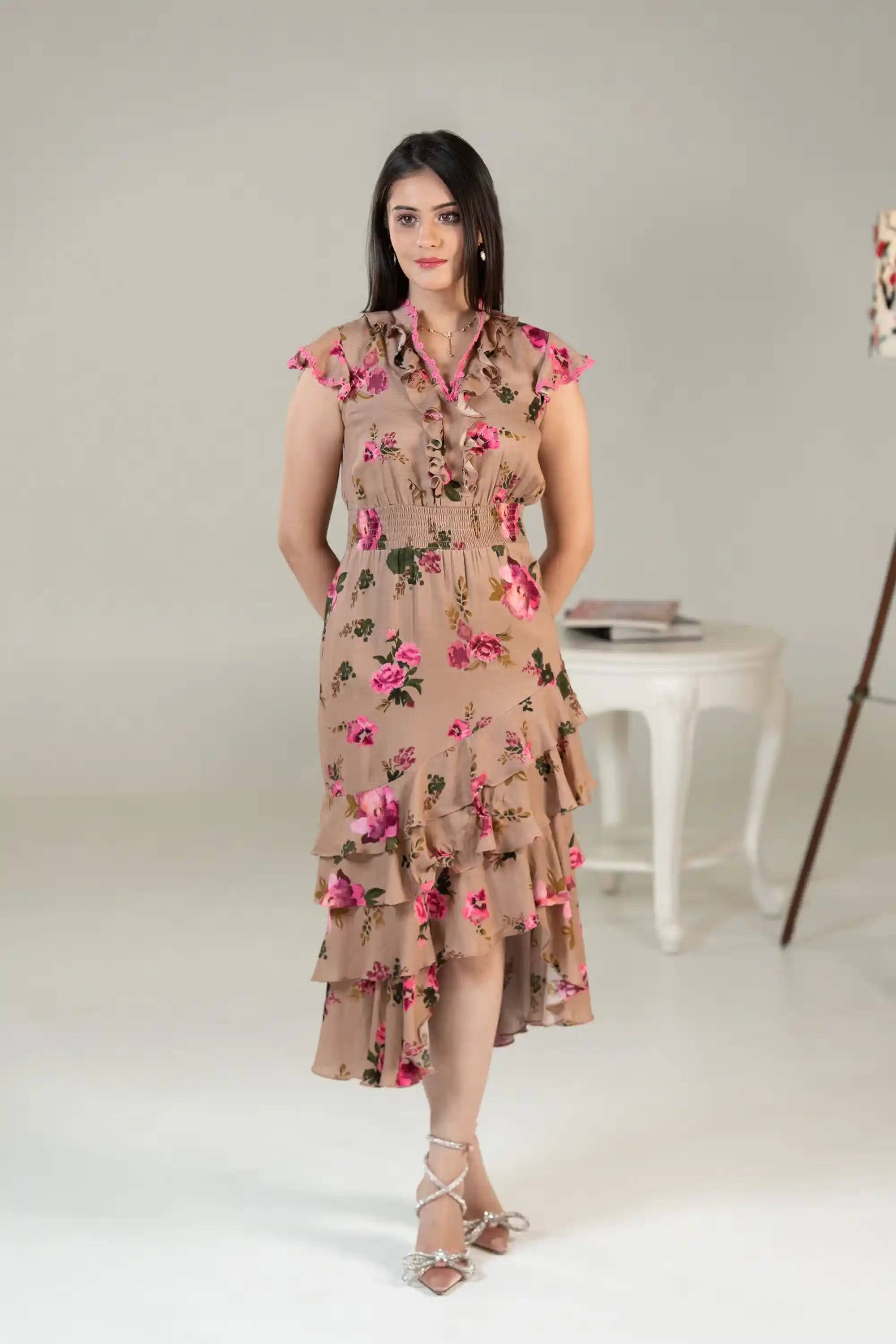 Taupe Pink Floral Ruffle Midi Dress