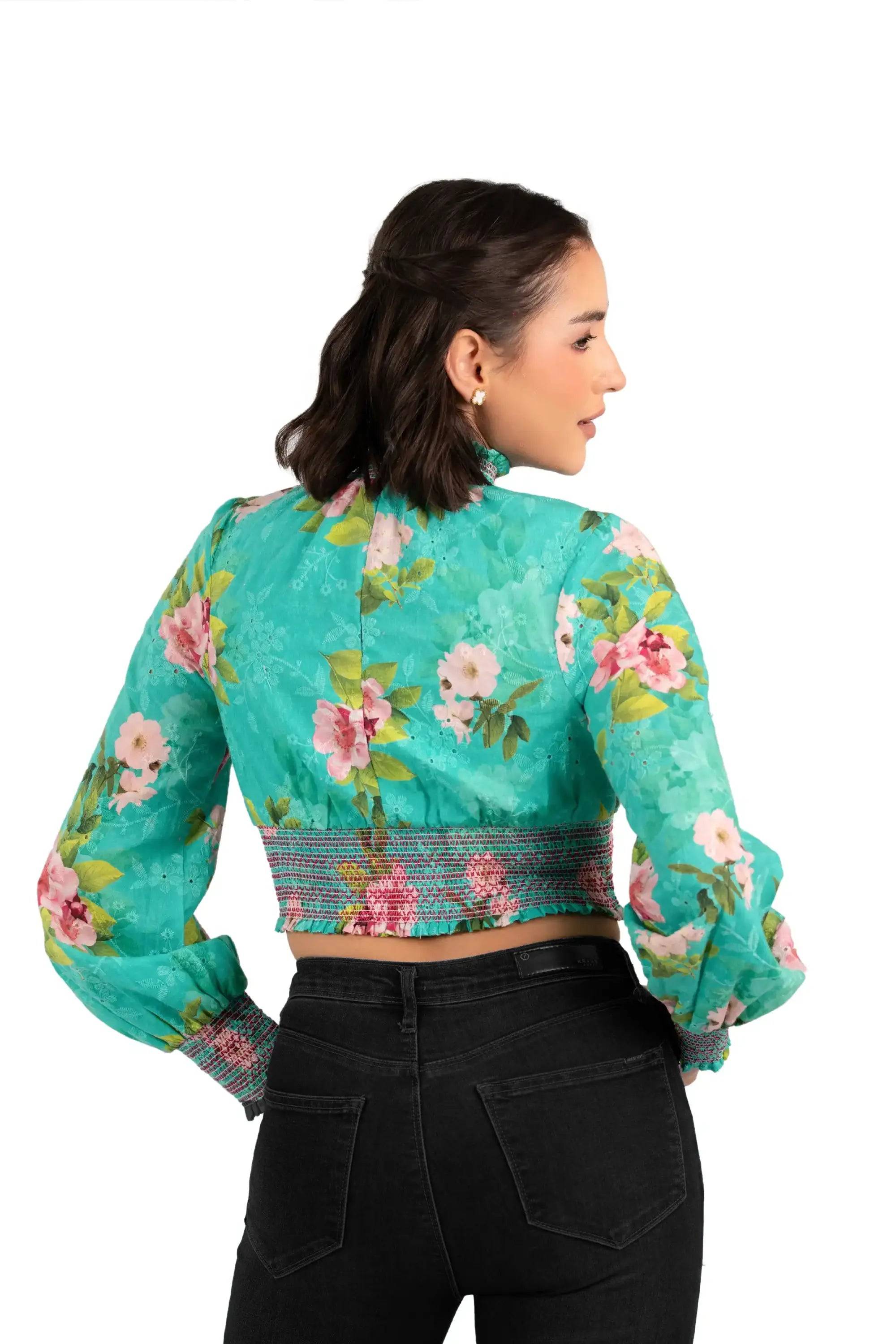 Turquoise Floral Smocked Crop Top