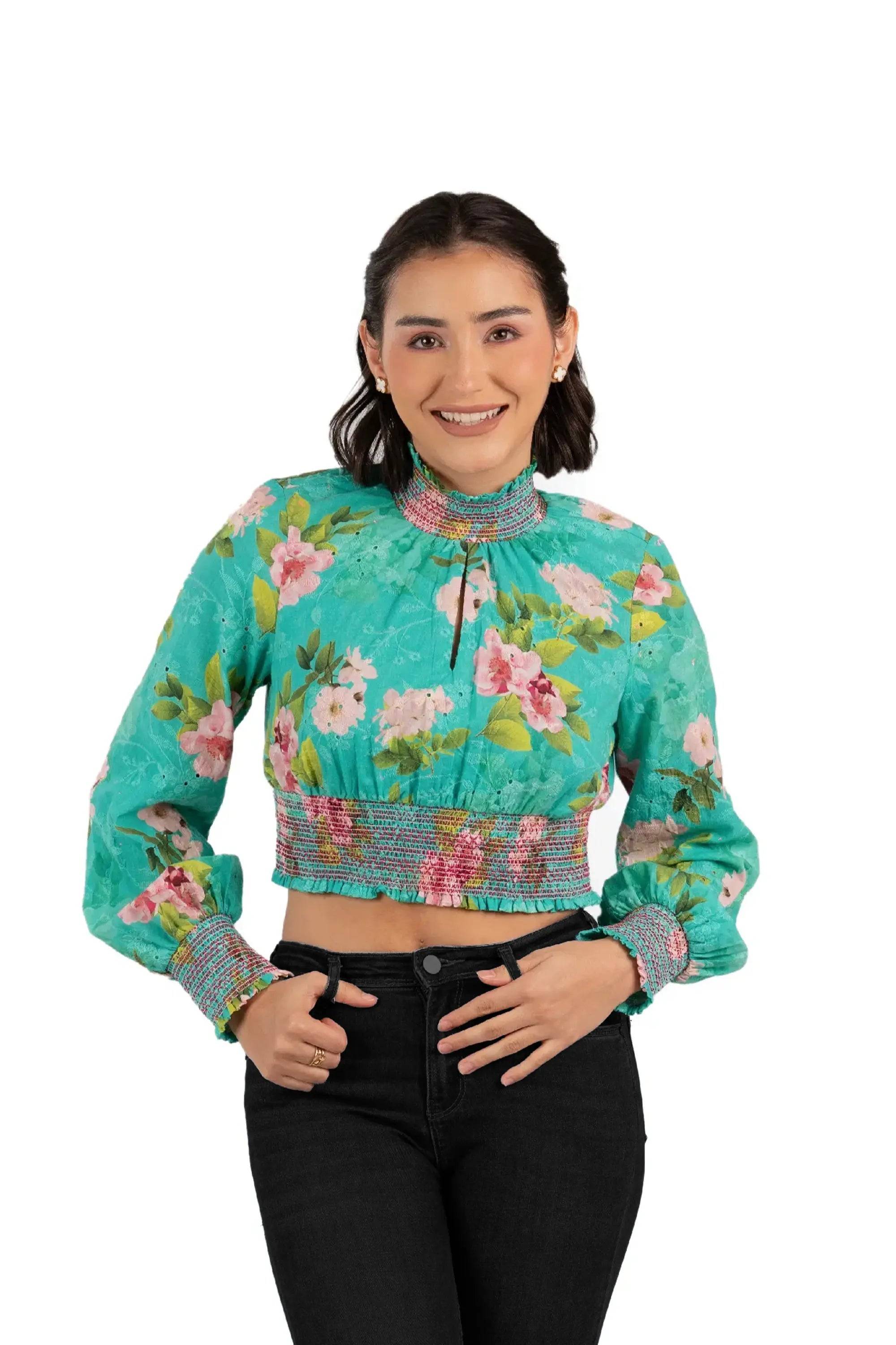Turquoise Floral Smocked Crop Top