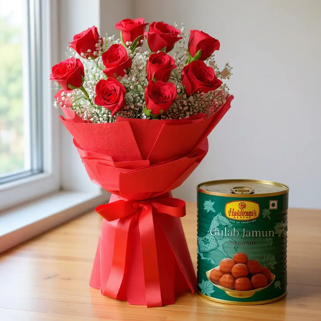 Bouquet of Red Roses & Gulab Jamun Box
