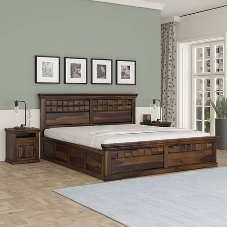 Prashiv Sheesham Wood King Size Bed In Provincial Teak Finish  With Hydraulic Storage (72 x 78 inches)