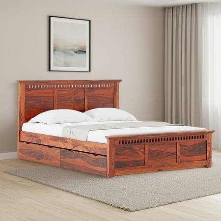 Fidora Solid Wood Queen 4 Drawer Storage Bed In Honey Finish