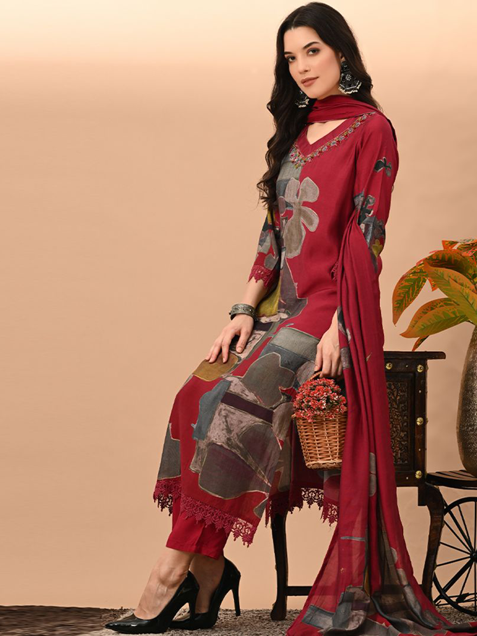 Faeezah Vibrant Red Pakistani Embroidered Suit Buy @ ₹2188