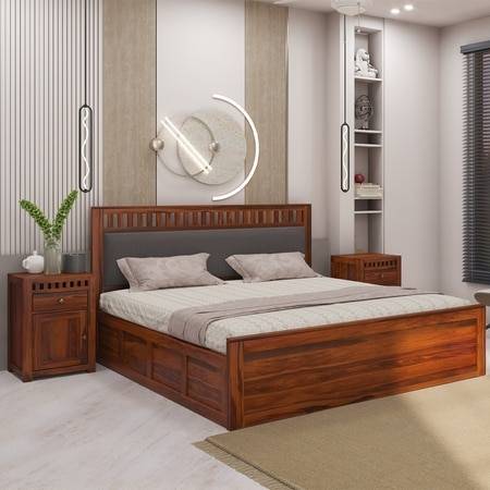 Vrinda Solid Wood Queen Size Bed In Hydraulic Storage Bed In Honey Oak Finish