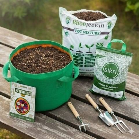 Petunia Mix  Essential Grow Kit - 18 X 9 Inch KIVO Grow Bag + 10Kg Potting Mix + 5 Kg Vermicompost (Brands may vary)