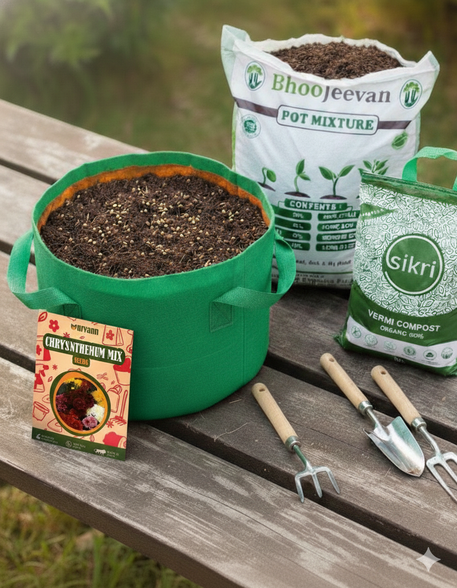 Chrysanthemum Mixed  Essential Grow Kit - 18 X 9 Inch KIVO Grow Bag + 10Kg Potting Mix + 5 Kg Vermicompost (Brands may vary)