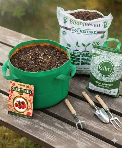 Cherry Tomato  Essential Grow Kit - 18 X 9 Inch KIVO Grow Bag + 10Kg Potting Mix + 5 Kg Vermicompost (Brands may vary)