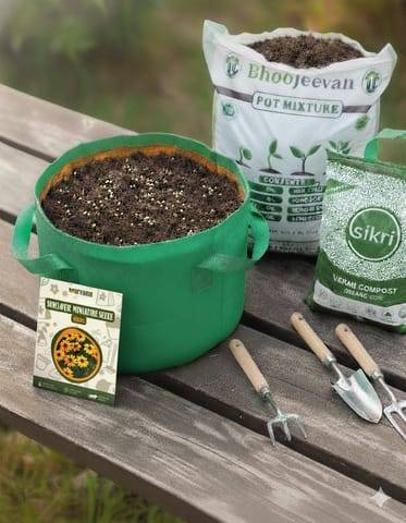 Sunflower Miniature  Essential Grow Kit - 18 X 9 Inch KIVO Grow Bag + 10Kg Potting Mix + 5 Kg Vermicompost (Brands may vary)