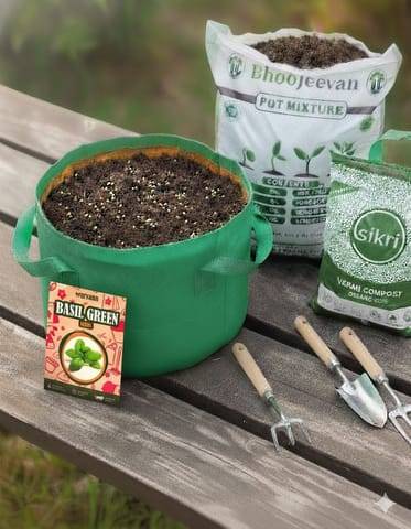 Basil Green  Essential Grow Kit - 18 X 9 Inch KIVO Grow Bag + 10Kg Potting Mix + 5 Kg Vermicompost (Brands may vary)