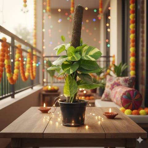 Money Plant Desi with 3 Ft Moss Stick in 10 Inch White Nursery Pot