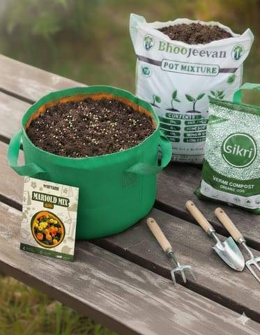 Marigold / Genda Orange Navrangi  Essential Grow Kit - 18 X 9 Inch KIVO Grow Bag + 10Kg Potting Mix + 5 Kg Vermicompost (Brands may vary)