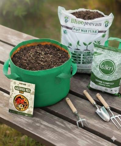 Gazania  Essential Grow Kit - 18 X 9 Inch KIVO Grow Bag + 10Kg Potting Mix + 5 Kg Vermicompost (Brands may vary)