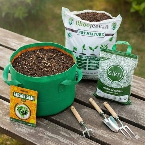 Sarso Saag  Essential Grow Kit - 18 X 9 Inch KIVO Grow Bag + 10Kg Potting Mix + 5 Kg Vermicompost (Brands may vary)