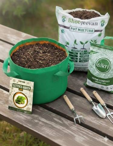 Set of 2 - Lettuce Green  Essential Grow Kit - 18 X 9 Inch KIVO Grow Bag + 10Kg Potting Mix + 5 Kg Vermicompost (Brands may vary)