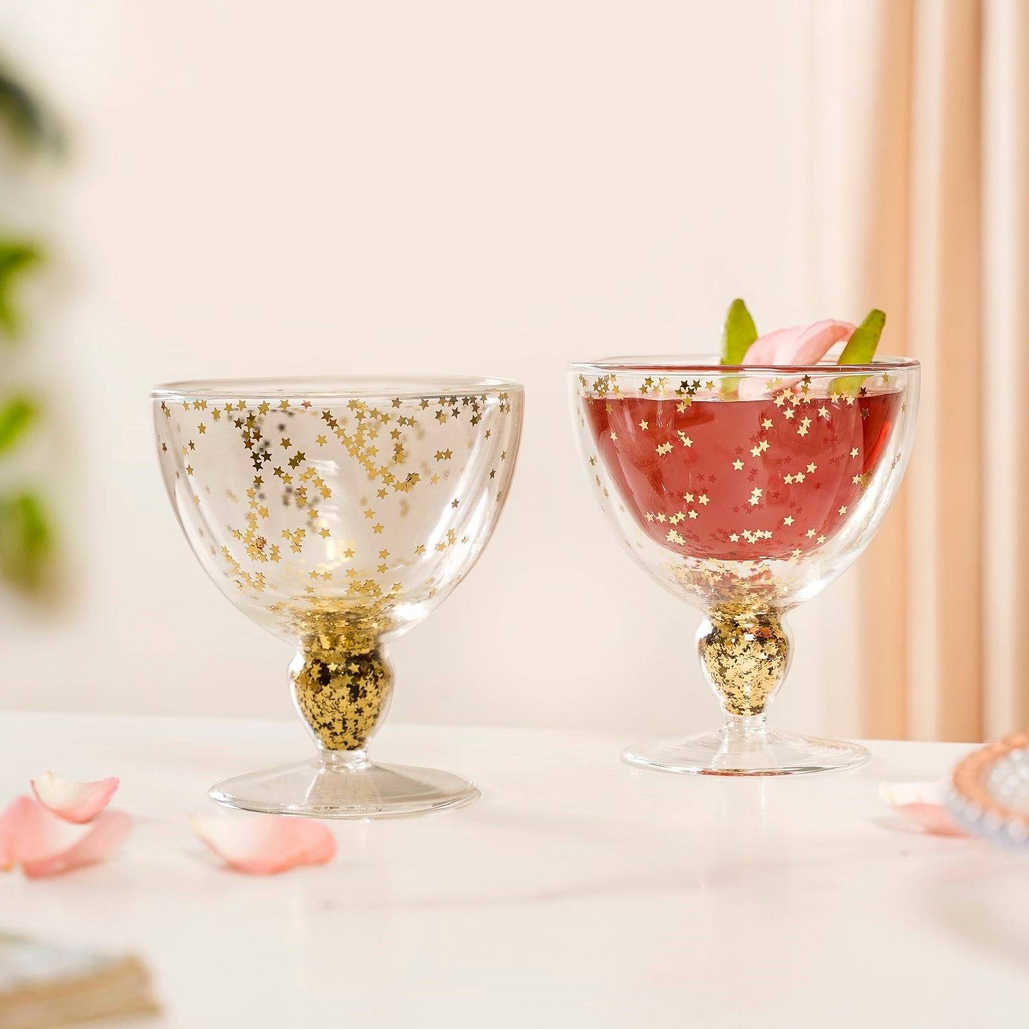 Set Of 2 Gold Confetti Filled Double Walled Wine Glass Goblet 250ml buy only at ₹1150