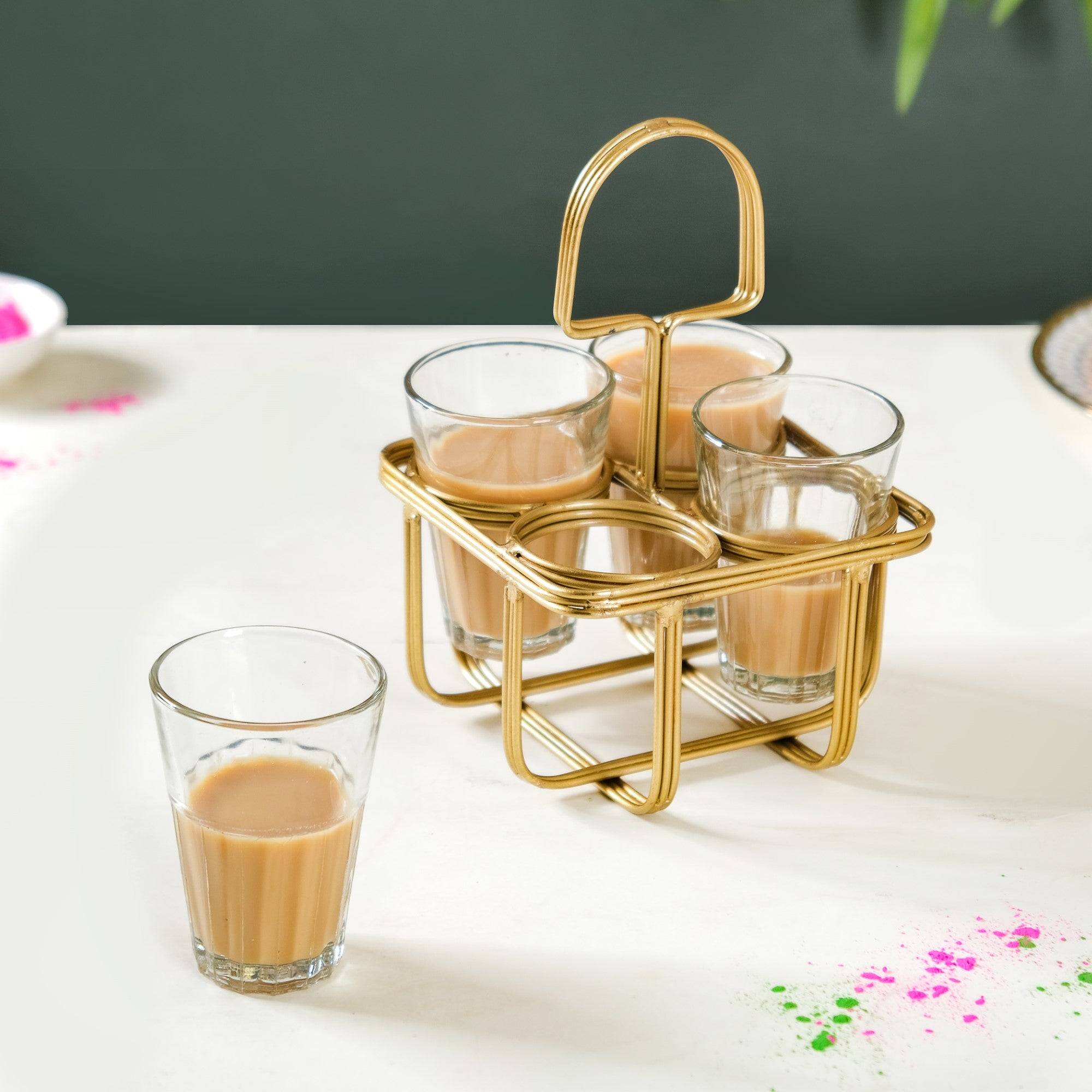 Cutting Chai Glass Set Of 4 With Gold Metal Stand