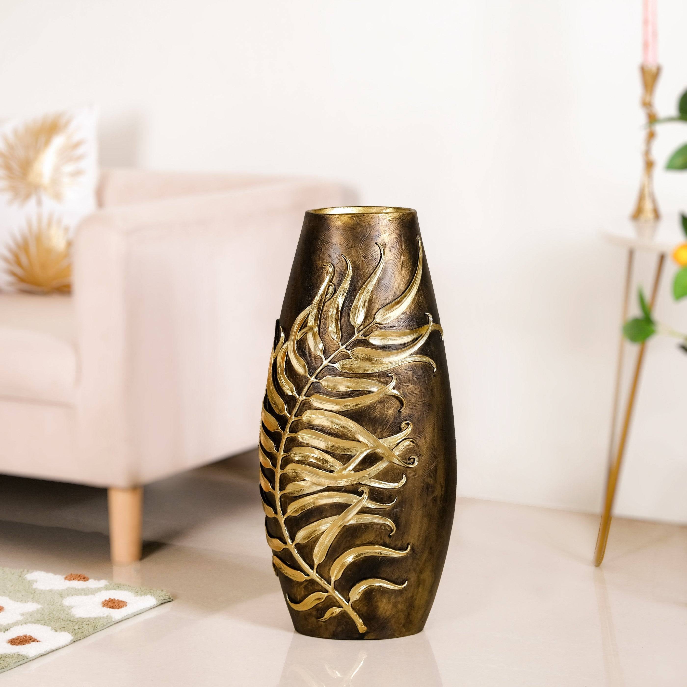 Gold Leaf Sculpted Flower Vase For Floor