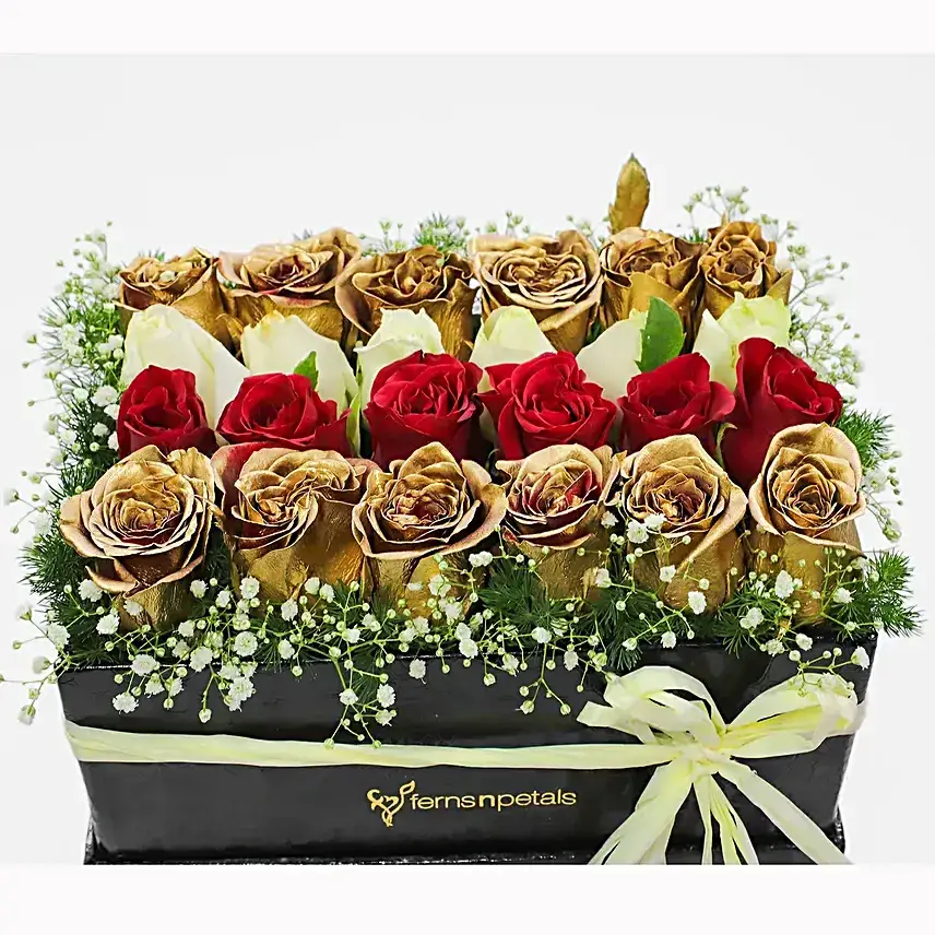 Golden, White & Red Roses Box Arrangement