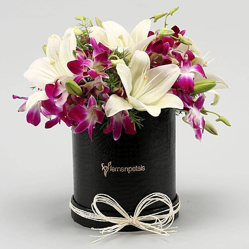 Gorgeous Purple Orchids & White Lilies Box Arrangement