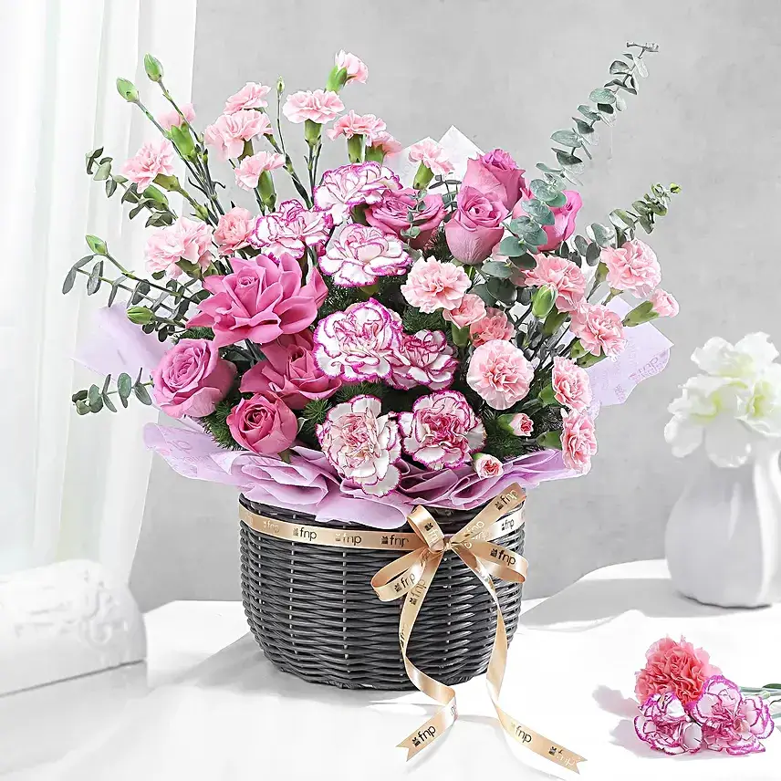 Graceful Basket of Roses N Carnations