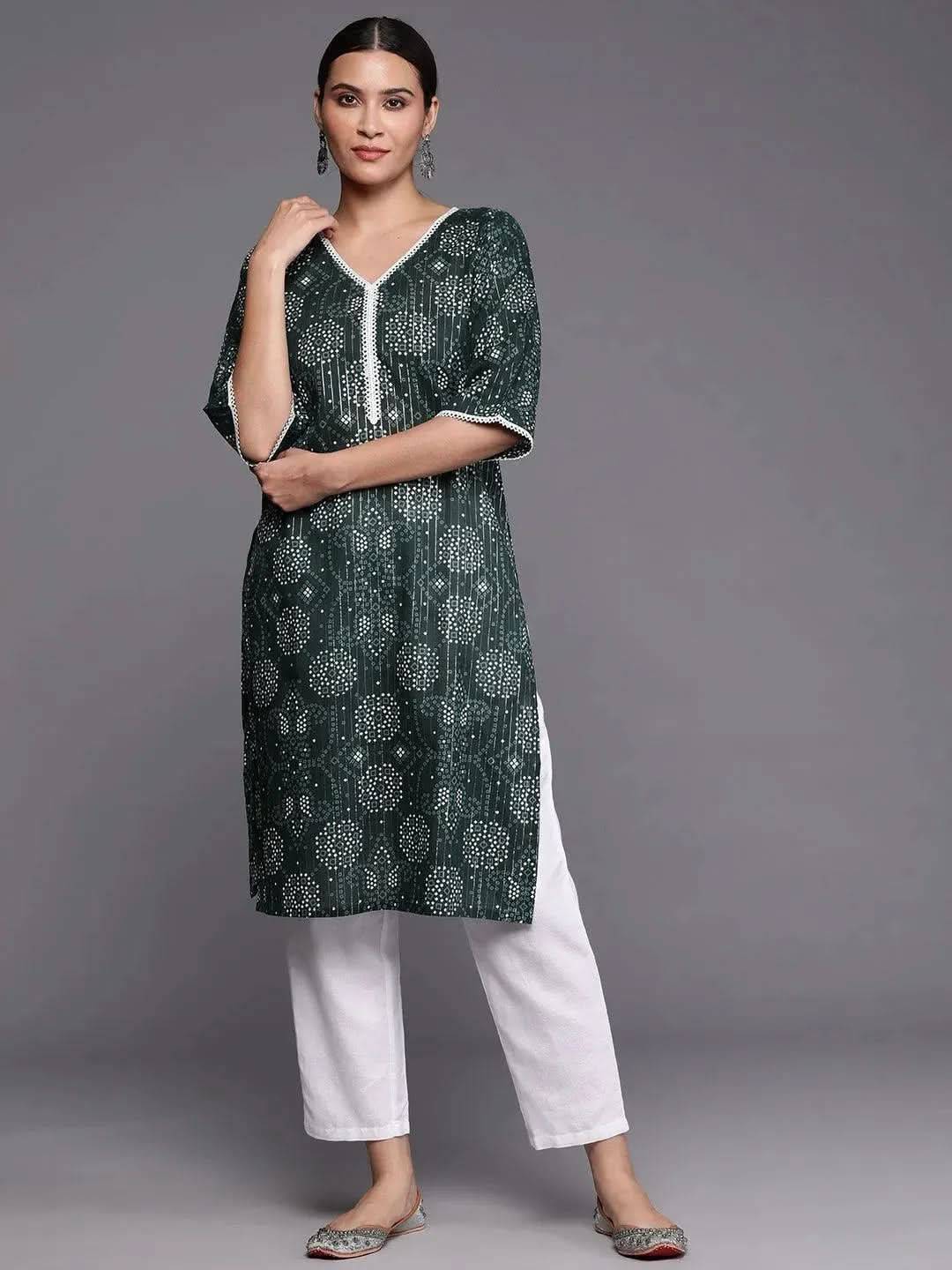 Green Printed Cotton Straight Kurta
