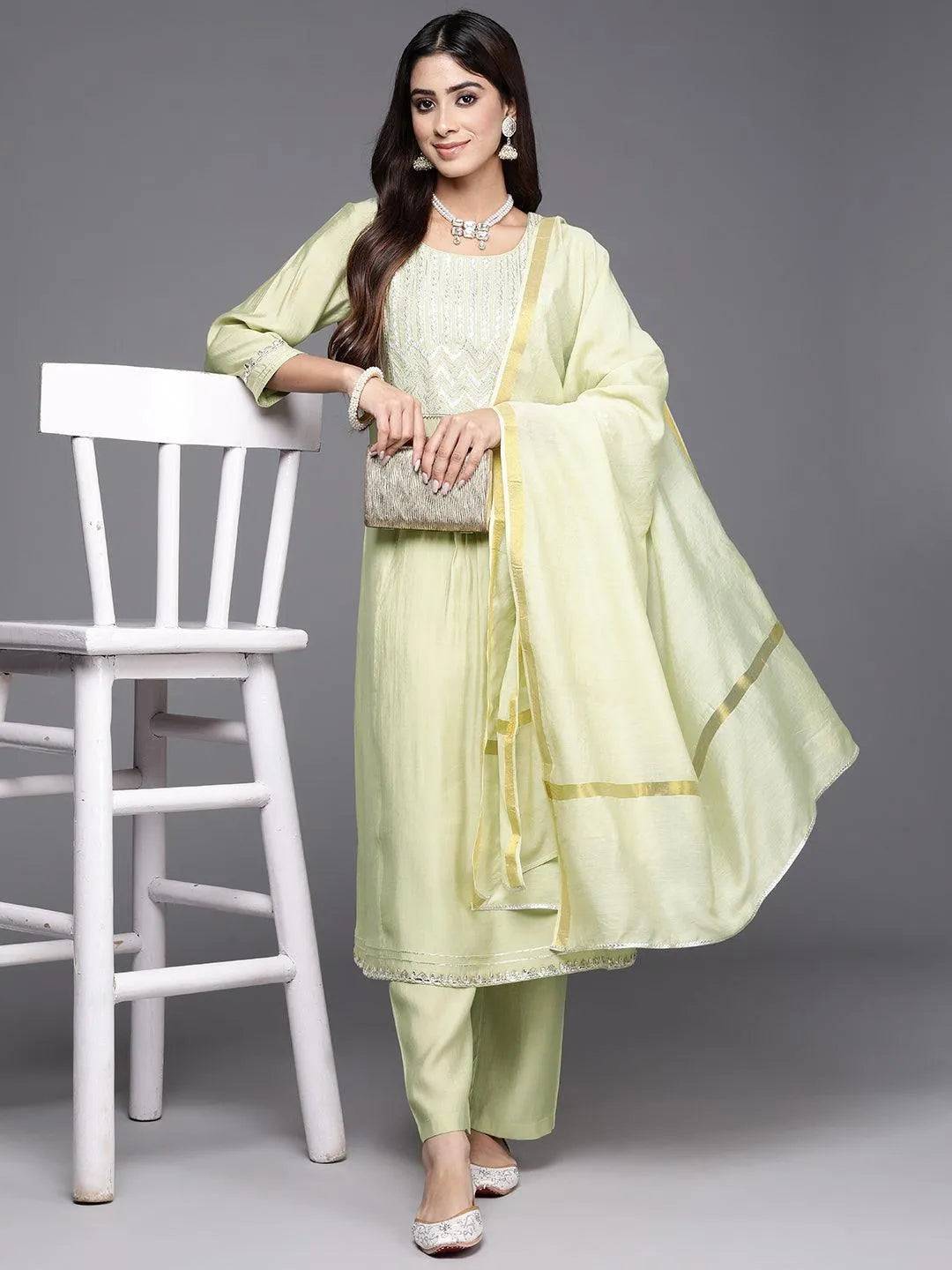 Green Yoke Design Silk Blend A-Line Kur... Buy only at ₹4499