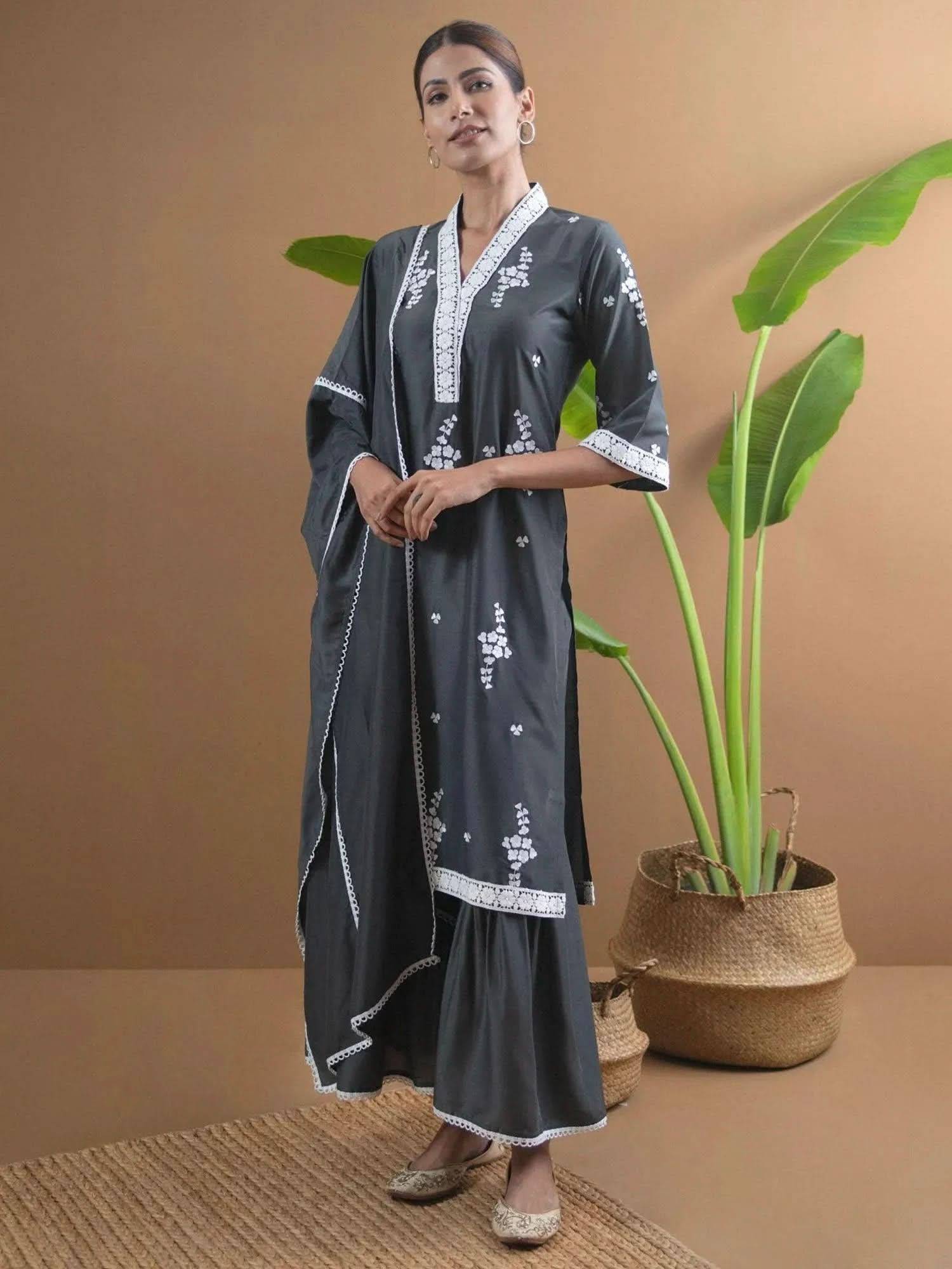 Grey Embroidered Shantoon Straight Kurt... Buy only at ₹4999