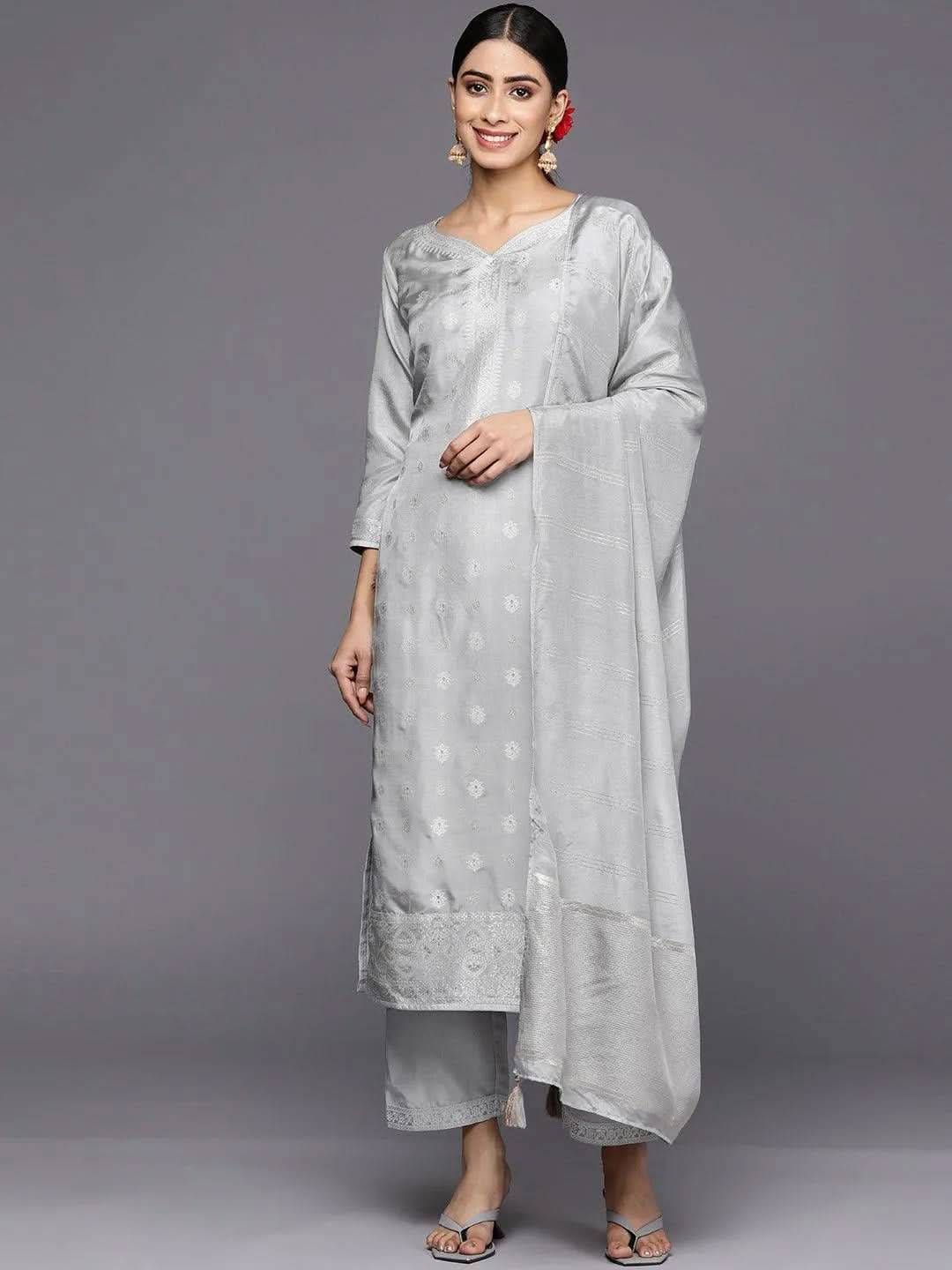 Grey Self Design Silk Blend Straight Ku... Buy only at ₹4999