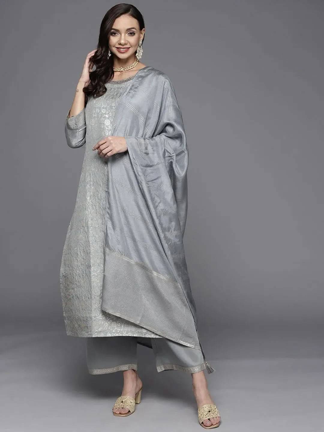 Grey Woven Design Silk Blend Straight K... Buy only at ₹3999