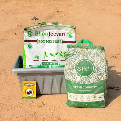 Brinjal Round Grow Kit - 20 Inch Grey Window Planter + 10Kg Soil Potting Mix + 5 Kg Vermicompost (Brands may vary)