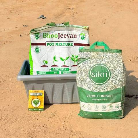 Coriander / Dhaniya Grow Kit - 17 Inch Grey Window Planter + 10Kg Soil Potting Mix + 5 Kg Vermicompost (Brands may vary)
