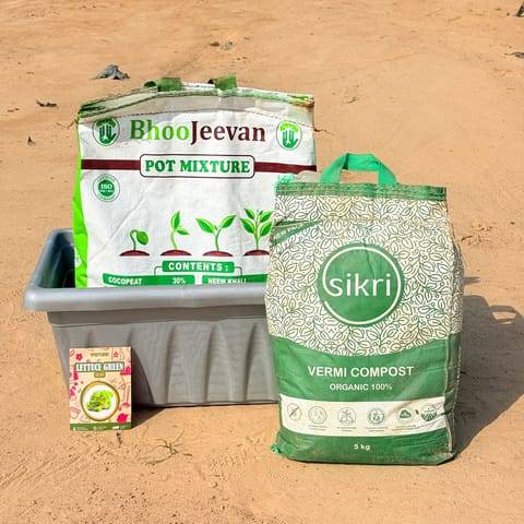 Lettuce Green Grow Kit - 20 Inch Grey Window Planter + 10Kg Soil Potting Mix + 5 Kg Vermicompost (Brands may vary)