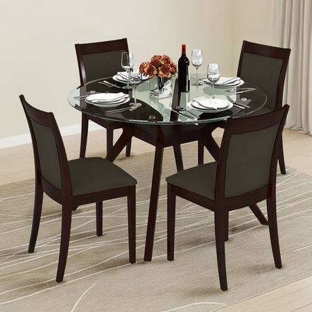 Wesley - Dalla 4 Seater Round Glass Top Dining Table Set (Colour- Grey , Finish- Dark Walnut)