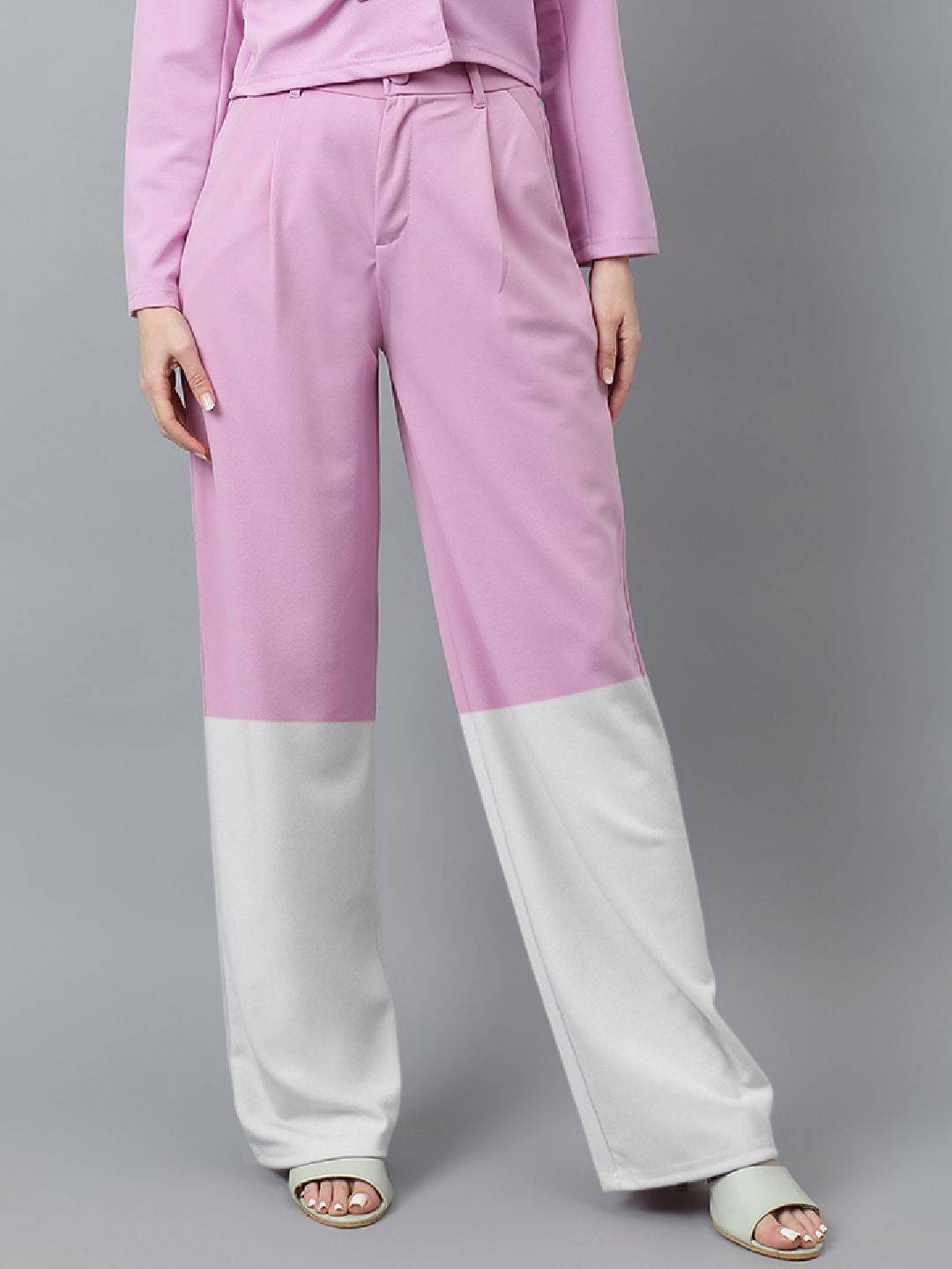 Kotty Women Colourblocked Regular Fit High-Rise Easy Wash Trousers