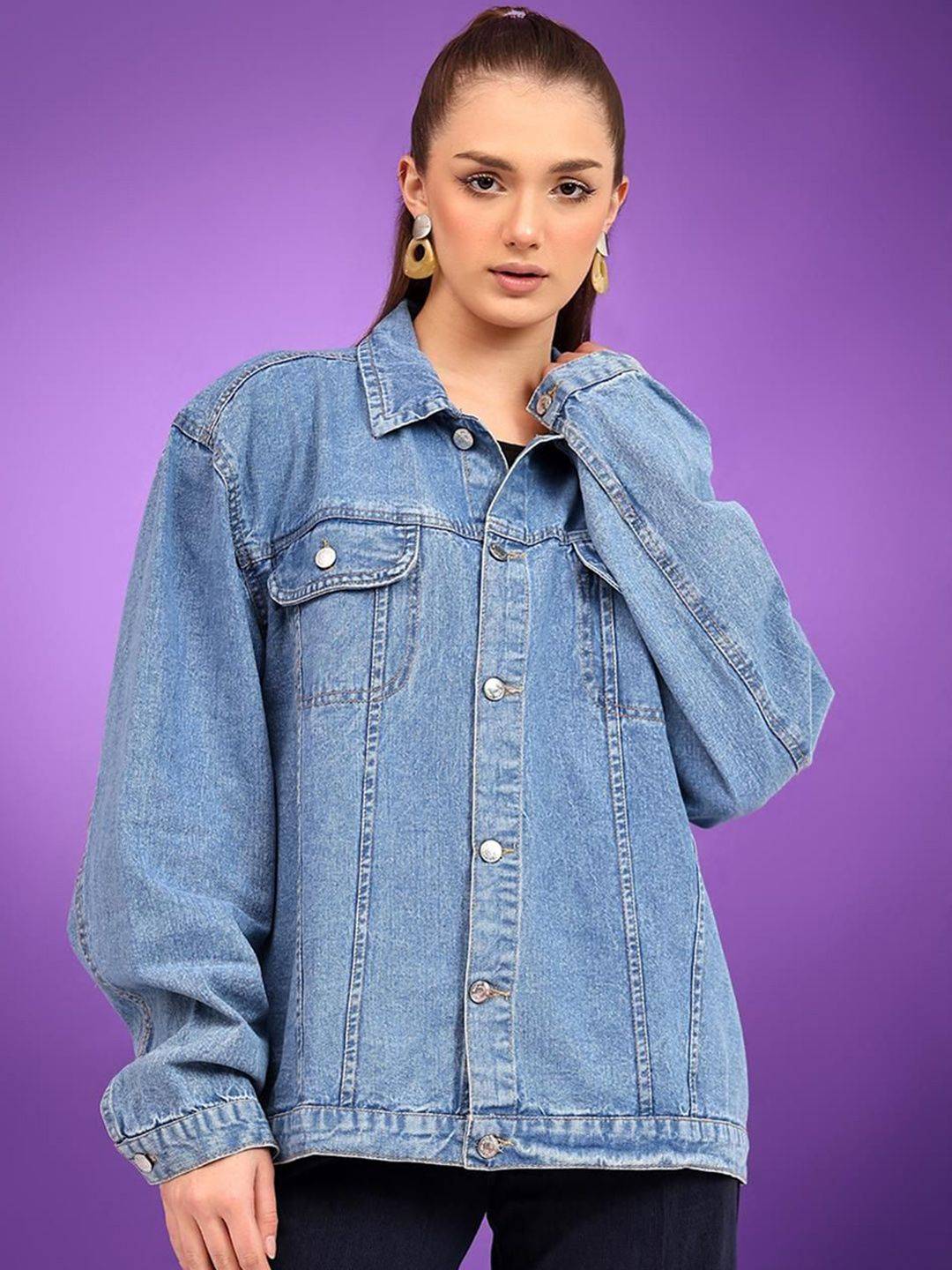 Kotty Women Spread Collar Solid Casual Denim Jacket