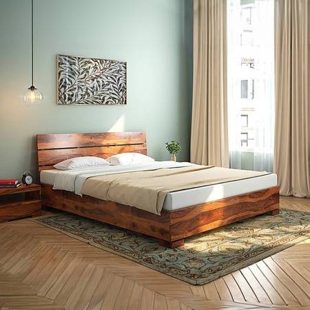 Ohio Solid Wood Queen Size Non Storage Bed In Teak Finish