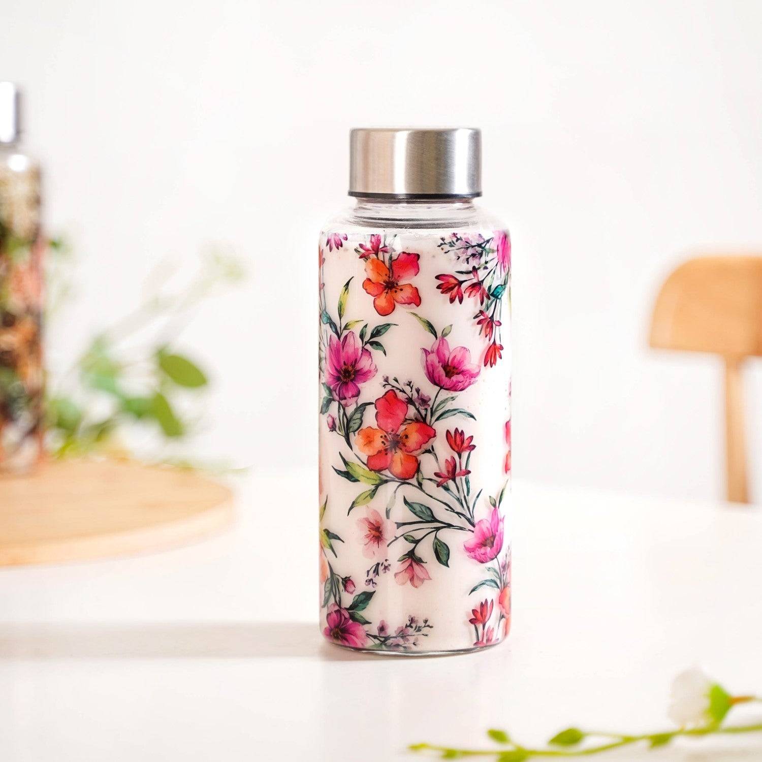 Tropical Hibiscus Borosilicate Glass Water Bottle With Stainless Steel Lid 500ml buy only at ₹799