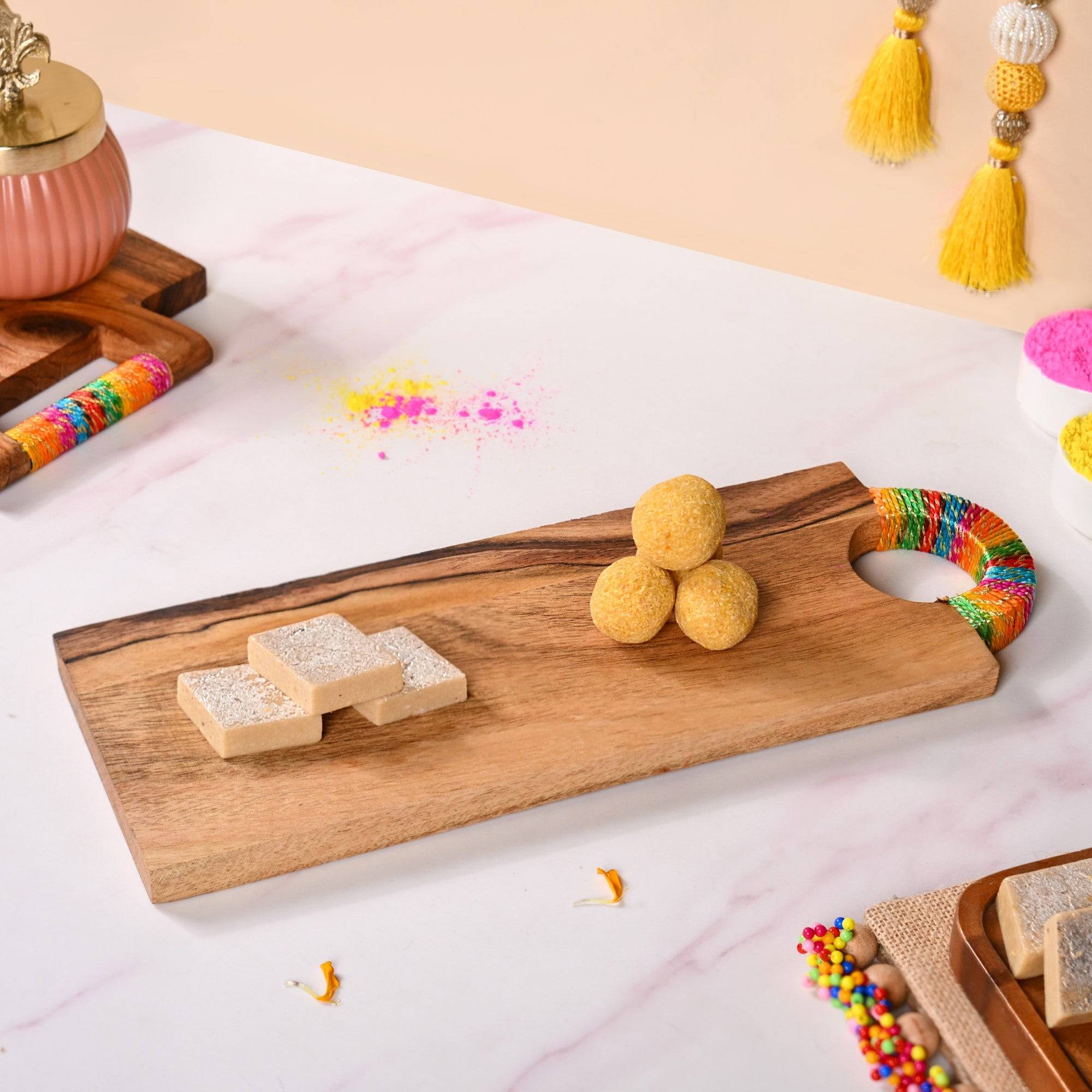 Acacia Wood Serving Platter With Gold Zari Embroidery buy only at ₹825