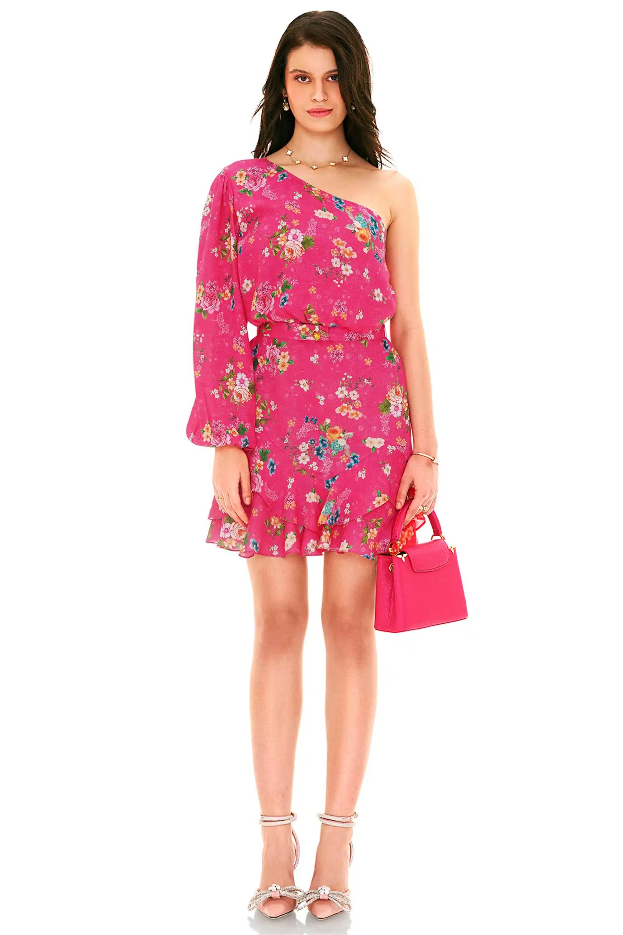 Fuchsia Floral One-Shoulder Ruffle Mini Dress