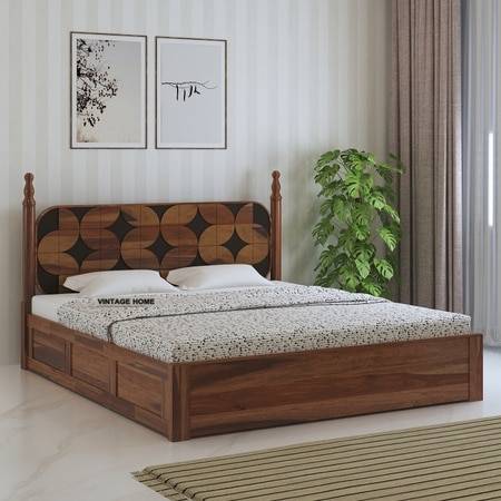 Rustic Sheesham Wood Queen Size Bed With Box Storage In Provincial Teak Finish