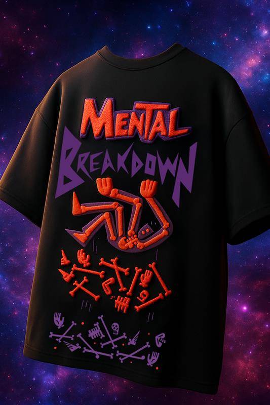 Mental Breakdown Black Oversized Puff Printed Exclusive T-shirt