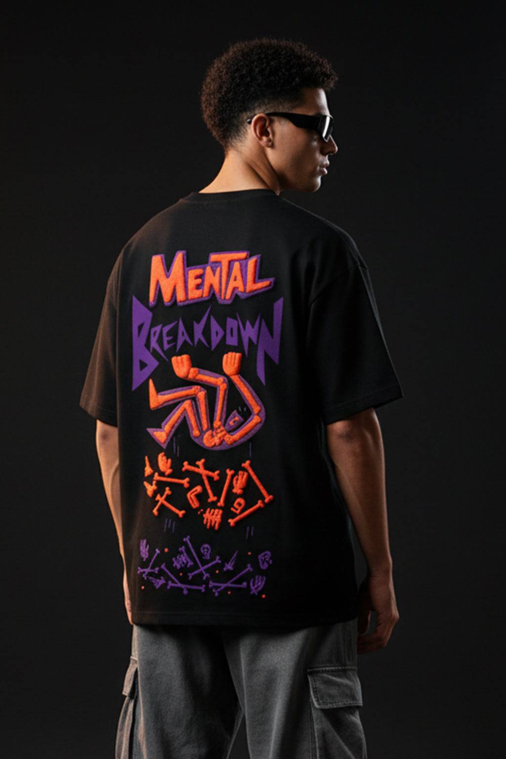 Mental Breakdown Black Oversized Puff Printed Exclusive T-shirt