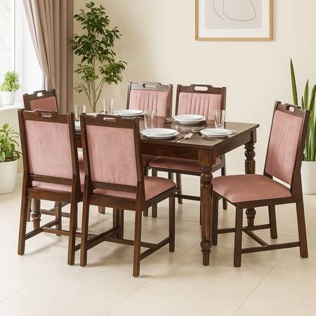 Globally Indian Compact Wooden 6 Seater Dining Table Set â€“ Comfortable 6 Upholstered Seat and Back In Pink Sapphire