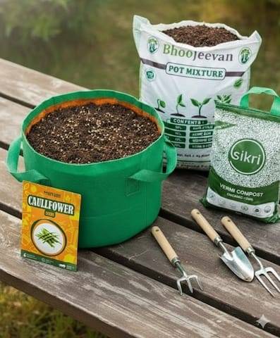 Set of 2 - Cauliflower  Essential Grow Kit - 18 X 9 Inch KIVO Grow Bag + 10Kg Potting Mix + 5 Kg Vermicompost (Brands may vary)