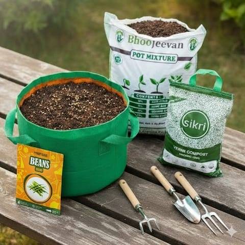 Beans  Essential Grow Kit - 18 X 9 Inch KIVO Grow Bag + 10Kg Potting Mix + 5 Kg Vermicompost (Brands may vary)