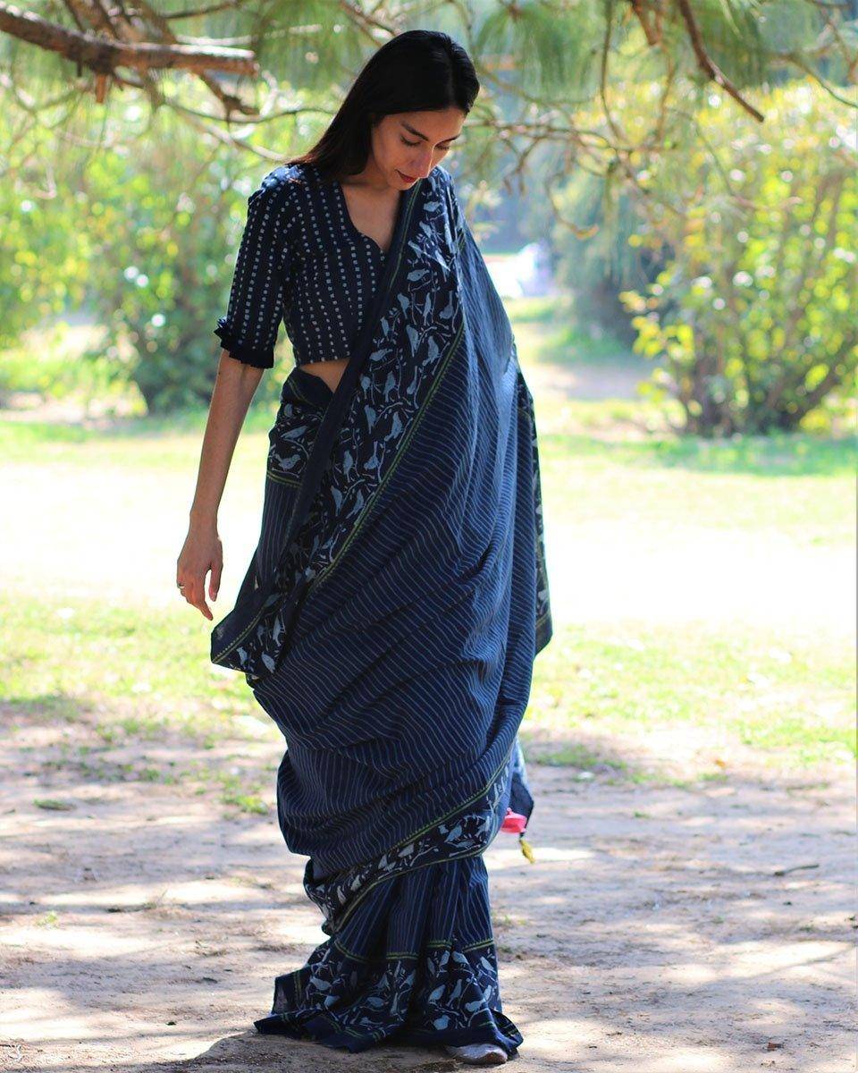Blue Bird Hand Blockprinted Cotton Saree