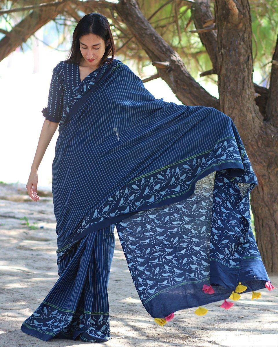 Blue Bird Hand Blockprinted Cotton Saree