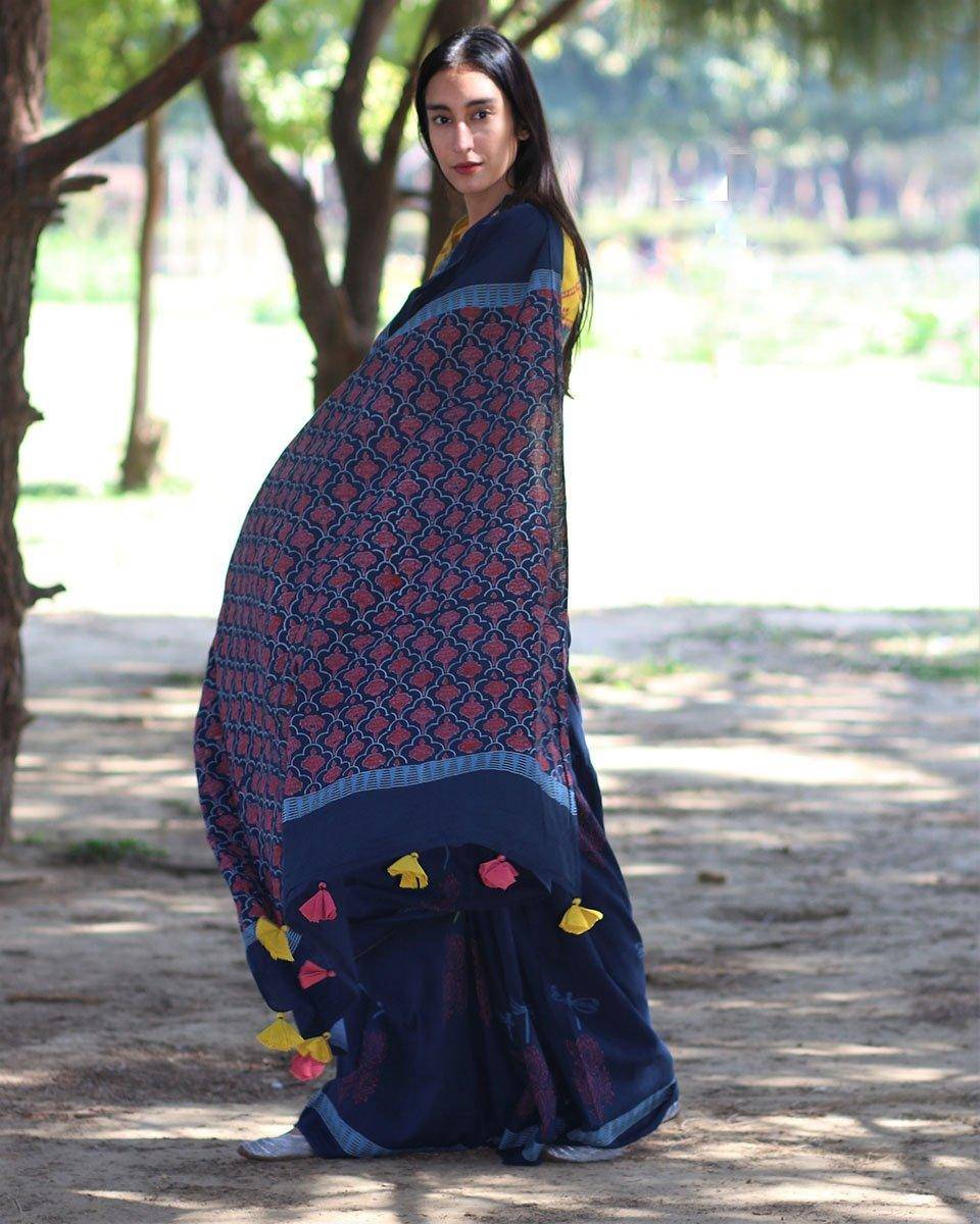 Dragonfly Dream Hand Blockprinted Cotton Saree